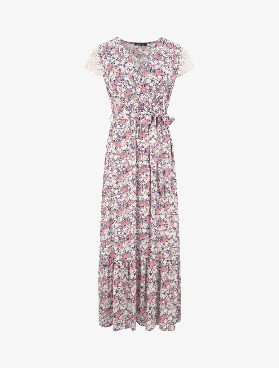 Robe longue empire imprimé tulipe et mancherons crochet - Rose - 1