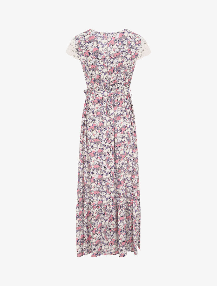 Robe longue empire imprimé tulipe et mancherons crochet - Rose - 2