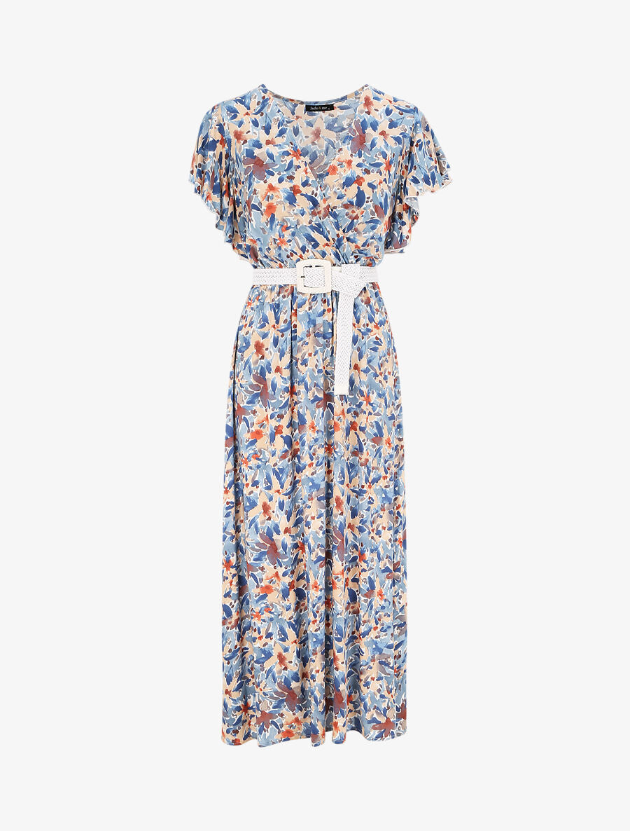 Robe longue empire à manches volantées imprimé aquarelle florale - Bleu/beige - 1
