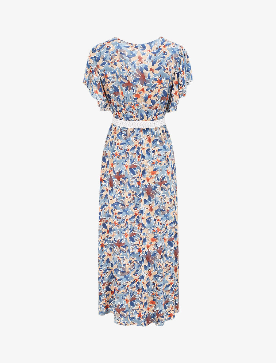 Robe longue empire à manches volantées imprimé aquarelle florale - Bleu/beige - 2