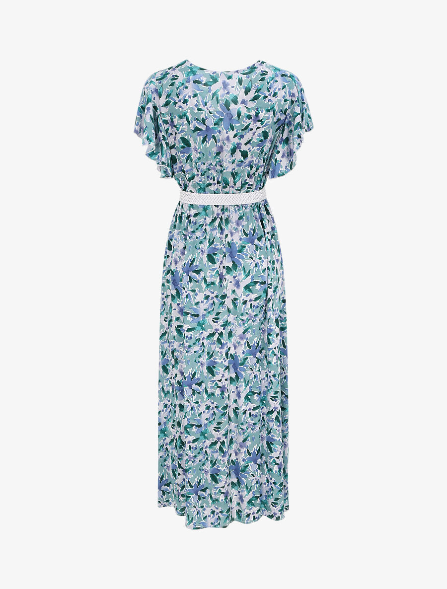 Robe longue empire à manches volantées imprimé aquarelle florale - Vert/bleu - 2