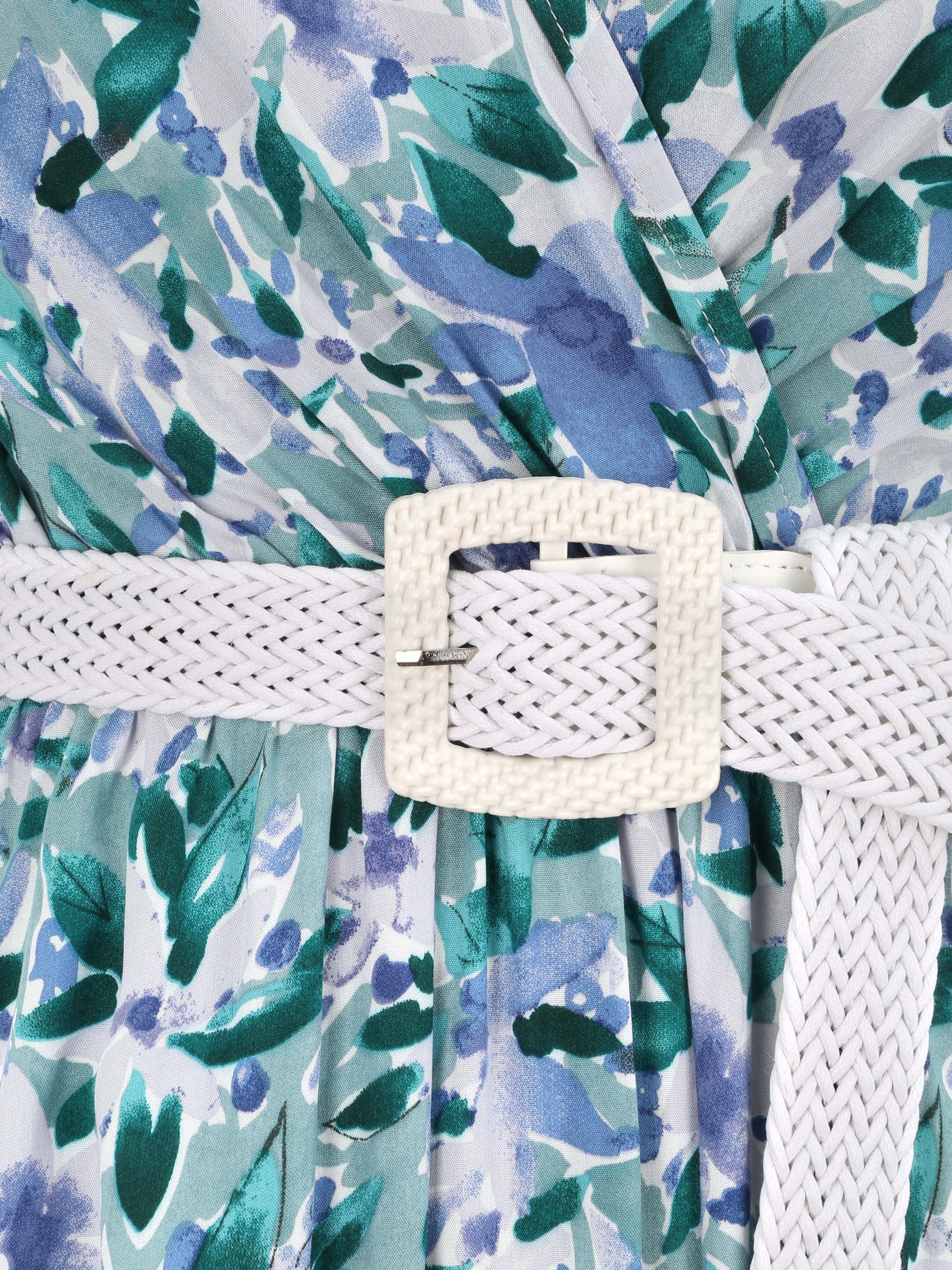 Robe longue empire à manches volantées imprimé aquarelle florale - Vert/bleu - 3