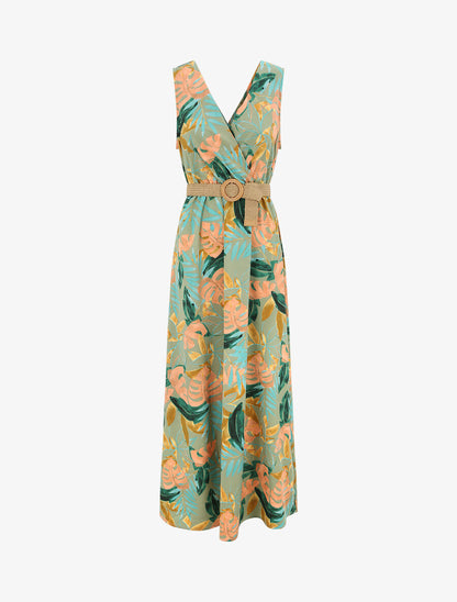 Robe longue empire sans manches imprimé tropical - Vert olive - 1