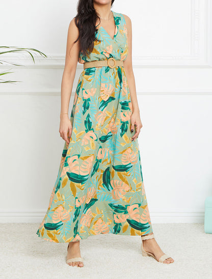 Robe longue empire sans manches imprimé tropical - Vert olive - 4
