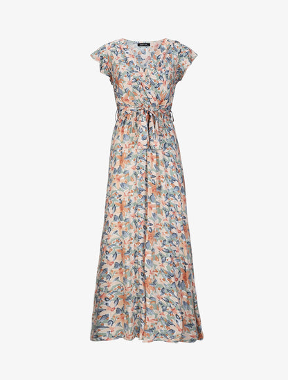 Robe longue empire à épaules volantées imprimé aquarelle florale - Vert olive - 1