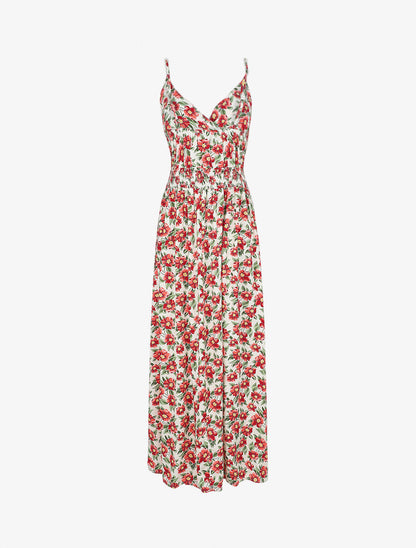 Robe longue empire imprimé fleurs tropicales à bretelles à perles - Blanc - 2