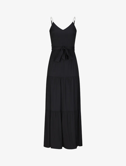 Robe longue empire unie à bretelles à perles - Noir - 1