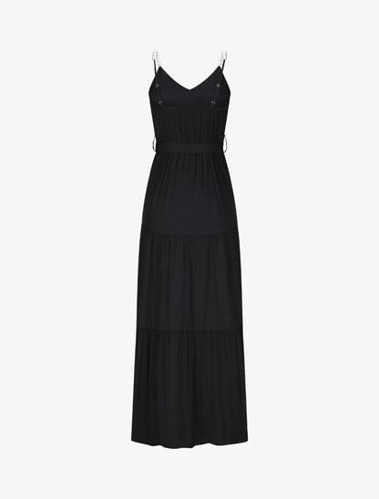 Robe longue empire unie à bretelles à perles - Noir - 2