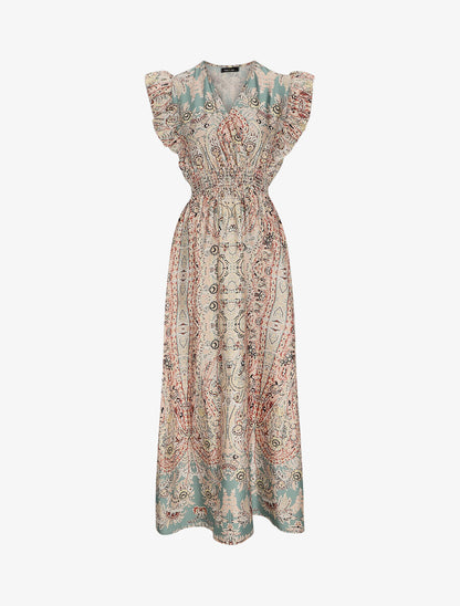 Robe longue empire satinée imprimé cachemire stylisé - Vert d&