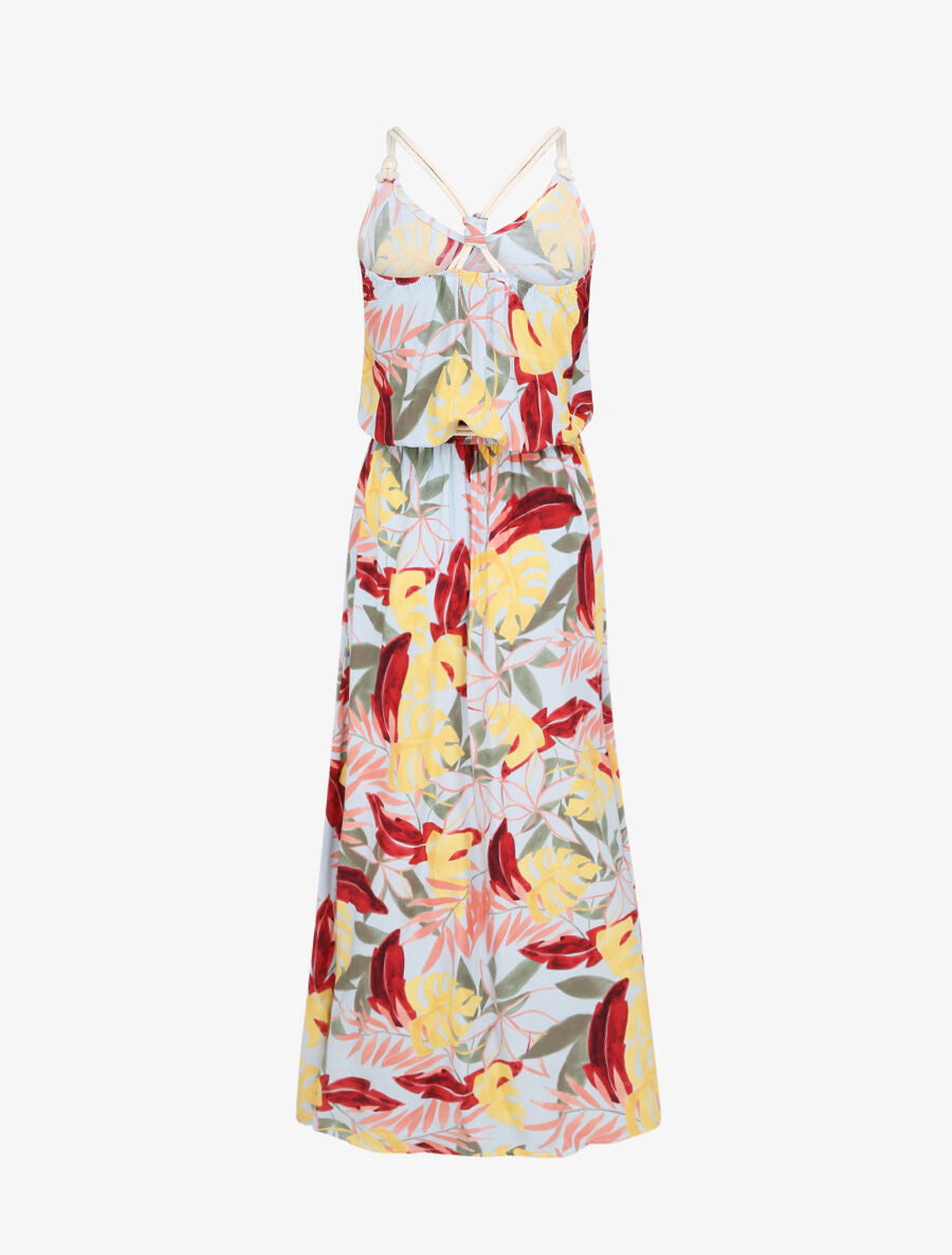 Robe longue imprimé feuilles tropicales à bretelles en cordelettes - Bleu ciel - 2