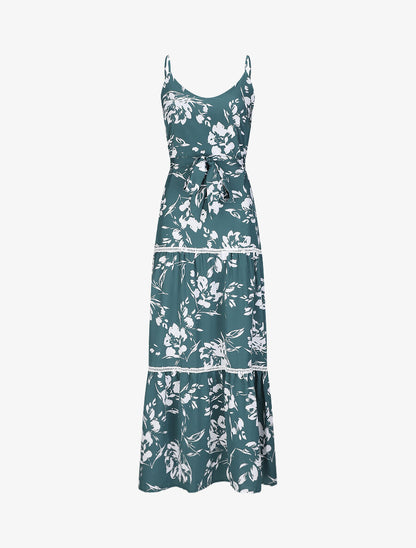 Robe longue patineuse imprimé fleurs contrastantes - Vert - 4