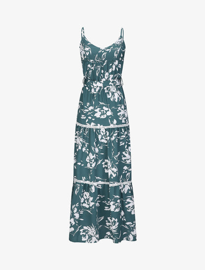 Robe longue patineuse imprimé fleurs contrastantes - Vert - 2