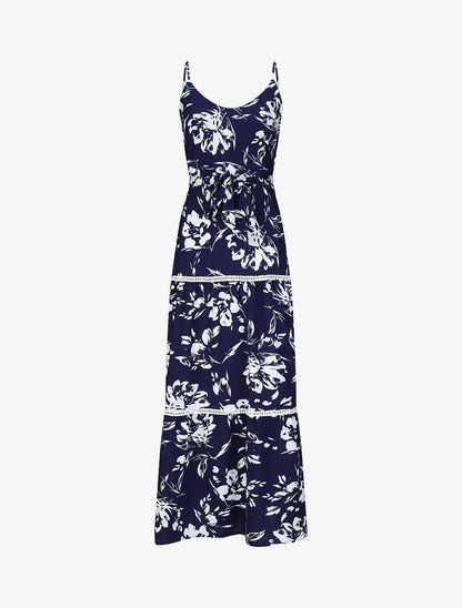 Robe longue patineuse imprimé fleurs contrastantes - Bleu - 5