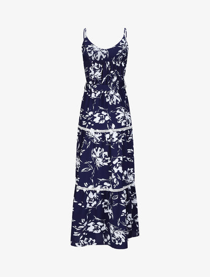 Robe longue patineuse imprimé fleurs contrastantes - Bleu - 2