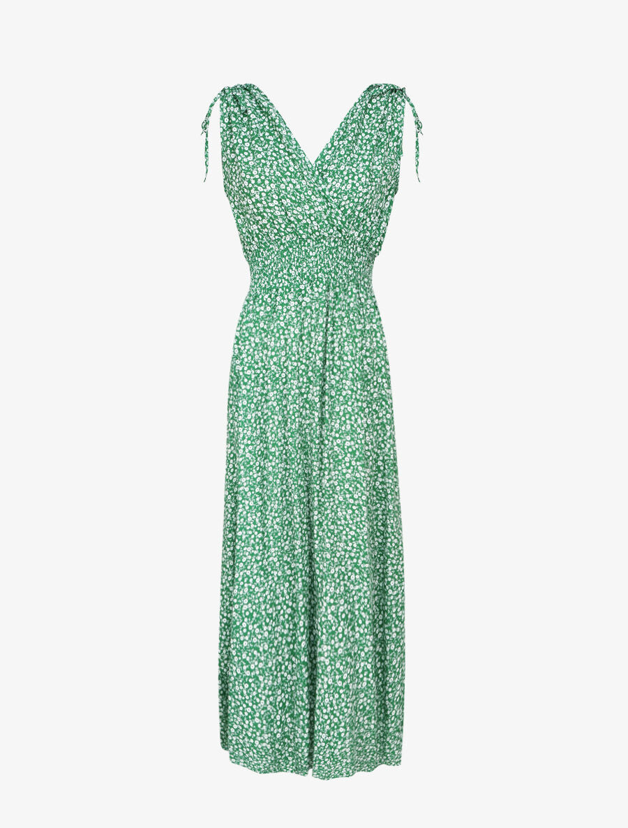 Robe longue cintrée imprimé petites fleurs - Vert - 1