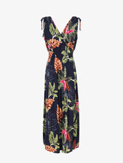 Robe longue cintrée imprimé grandes fleurs tropicales - Marine - 1