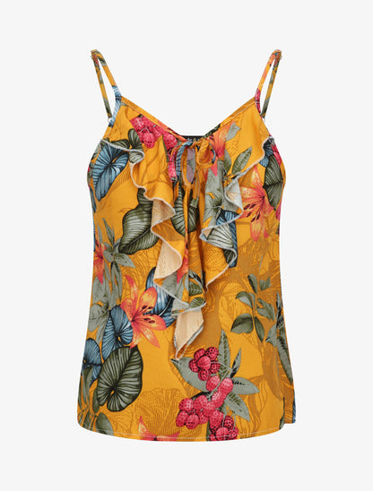 Débardeur fluide à col volanté imprimé feuilles tropicales - Orange - 6
