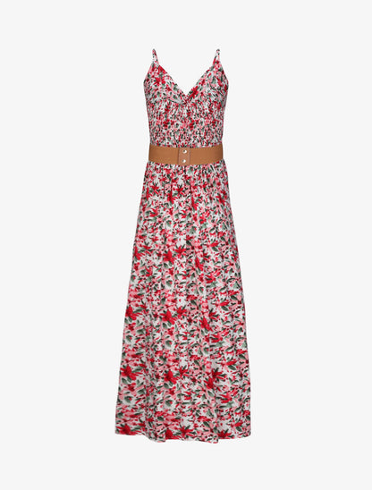 Robe longue empire à bretelles et imprimé fleurs abstraites - Blanc - 2