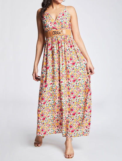 Robe longue empire à bretelles et imprimé fleurs abstraites - Orange - 1