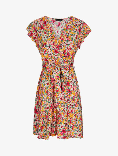 Robe cache-coeur à imprimé fleurs diverses - Jaune - 1
