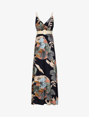 Robe longue empire imprimé végétal à bretelles tressées - Marine - 4