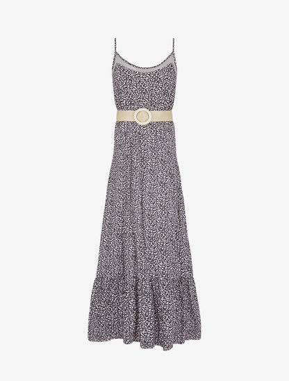Robe longue à col à détail tulle - Noir - 6