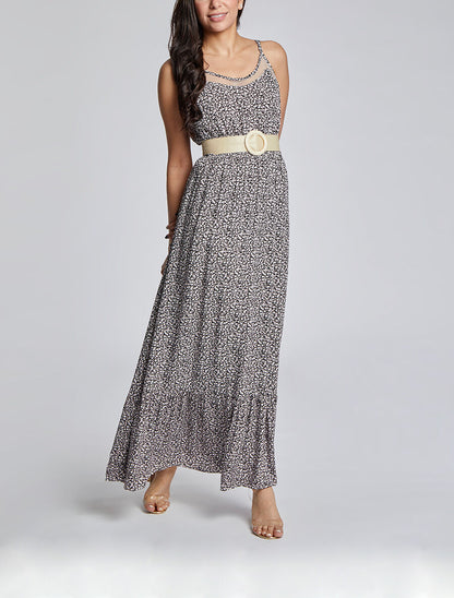 Robe longue à col à détail tulle - Noir - 5