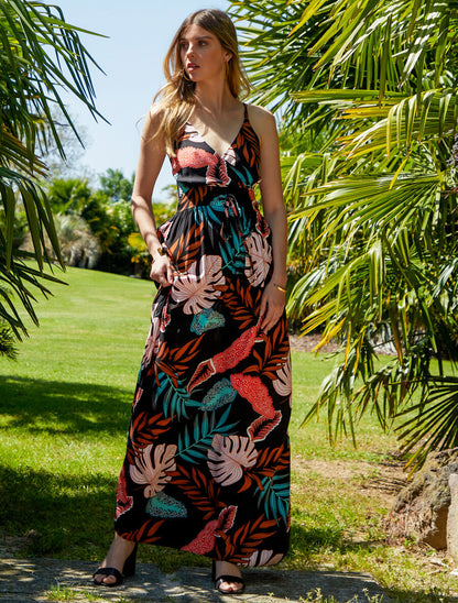 Robe longue empire imprimé plantes tropicales à bretelles - Noir - 4