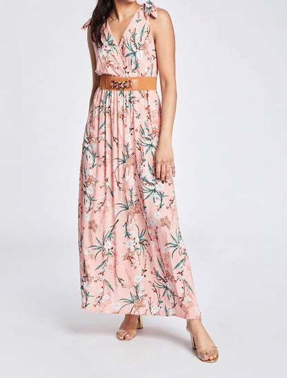 Robe longue empire à col cache-coeur imprimé bouquet fleuri - Rose - 4