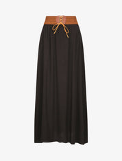 Jupe longue unie à taille haute contrastante - Noir - 1