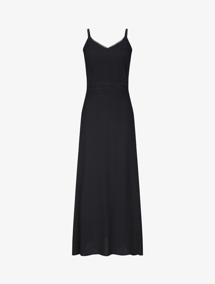 Robe longue évasée unie à taille en crochet - Noir - 1