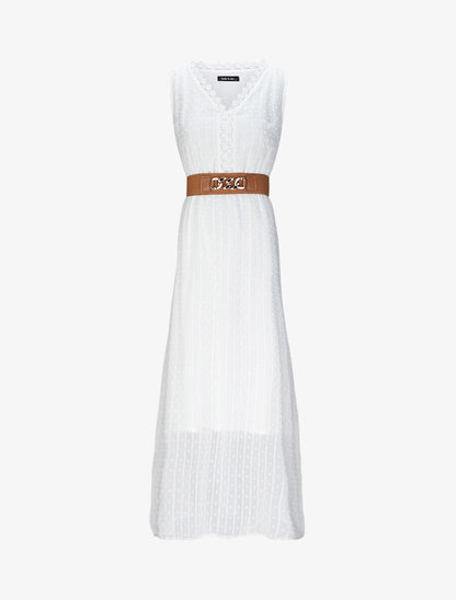 Robe longue empire unie en plumetis - Blanc - 5