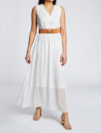 Robe longue empire unie en plumetis - Blanc - 4