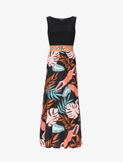 Robe longue patineuse bi-matière imprimé tropique - Noir - 1