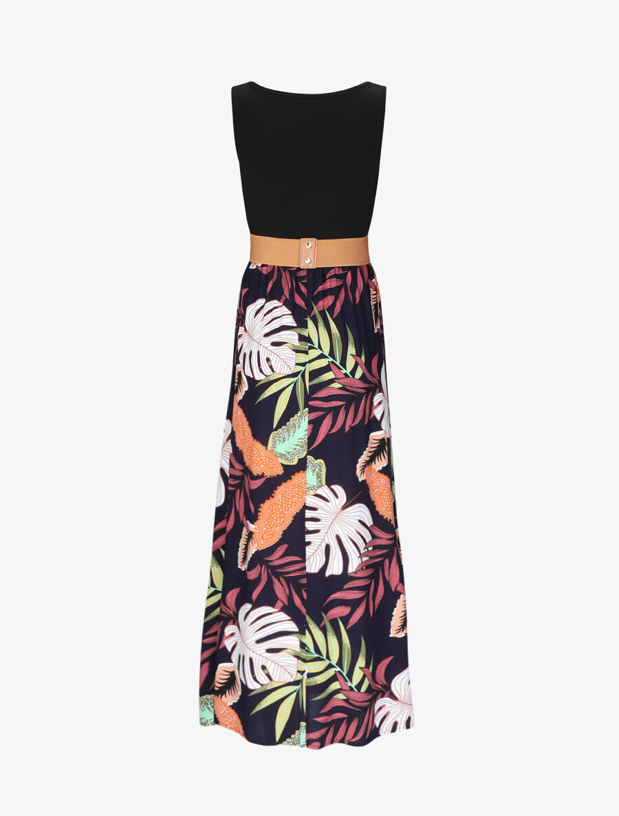 Robe longue patineuse bi-matière imprimé tropique - Marine - 2