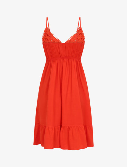 Robe courte à bretelles et dentelle - Corail - 2