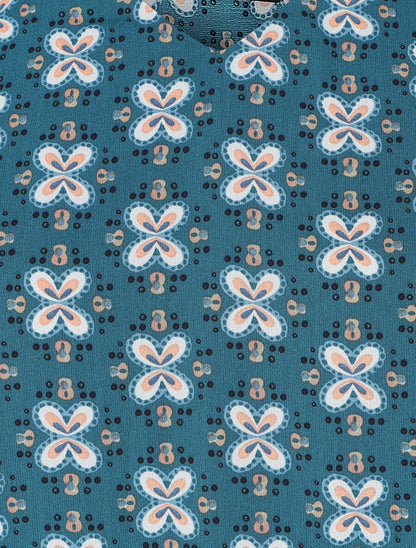 Top ample col V à fleurs - Bleu canard - 3
