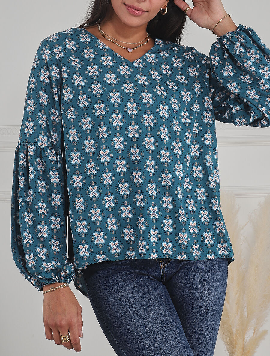 Top ample col V à fleurs - Bleu canard - 4