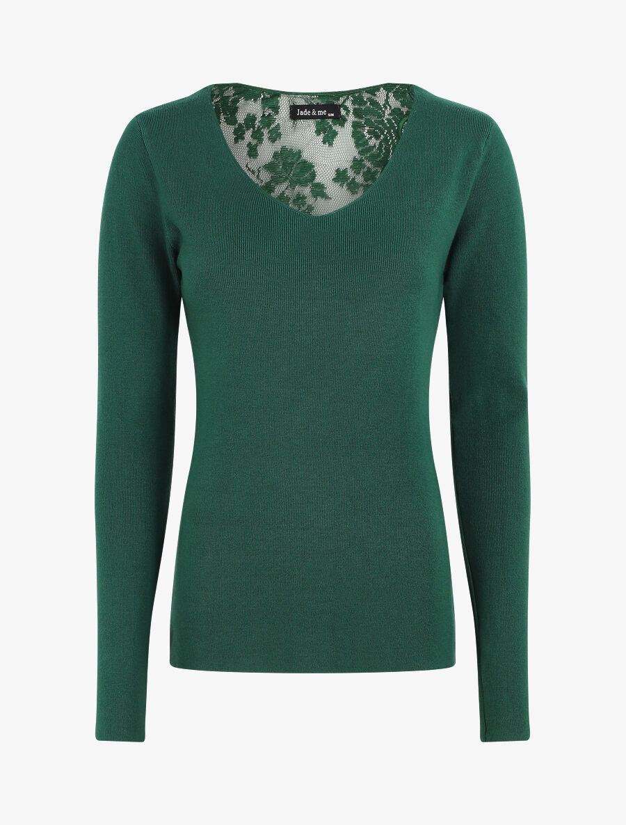 Pull fin à dos en dentelle - Vert émeraude - 2