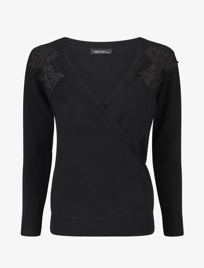 Pull cache-coeur à détail dentelle - Noir - 3