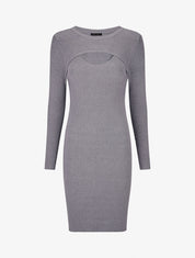 Robe mi-longue côtelée à décolleté ajouré - Gris - 1