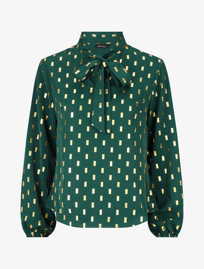Blouse col lavallière à imprimé rectangles dorés - Vert - 1