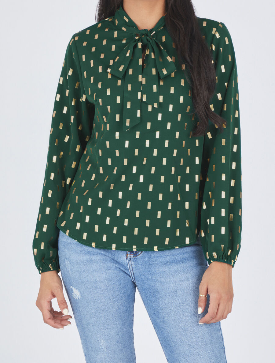 Blouse col lavallière à imprimé rectangles dorés - Vert - 4