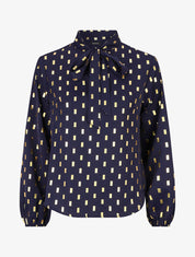 Blouse col lavallière à imprimé rectangles dorés - Marine - 5