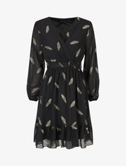 Robe mi-longue à imprimé plumes dorées - Noir - 5