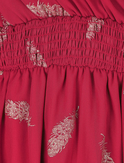 Robe mi-longue à imprimé plumes dorées - Bordeaux - 3