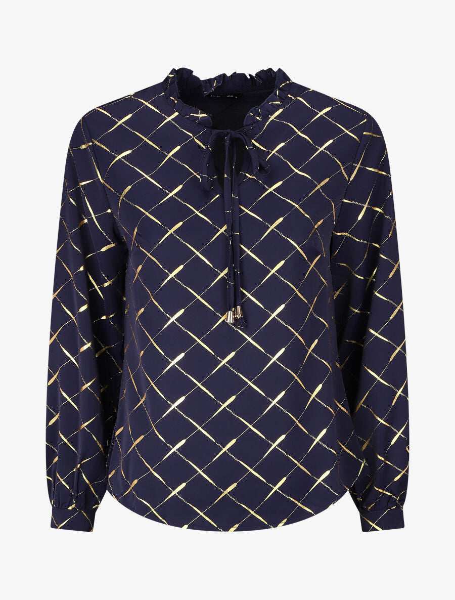 Blouse col V à imprimé dorés - Marine - 1