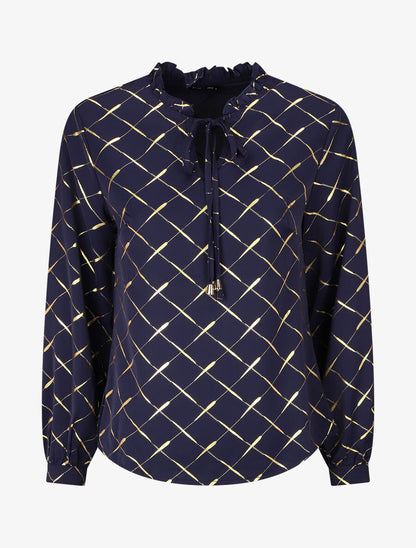 Blouse col V à imprimé dorés - Marine - 1