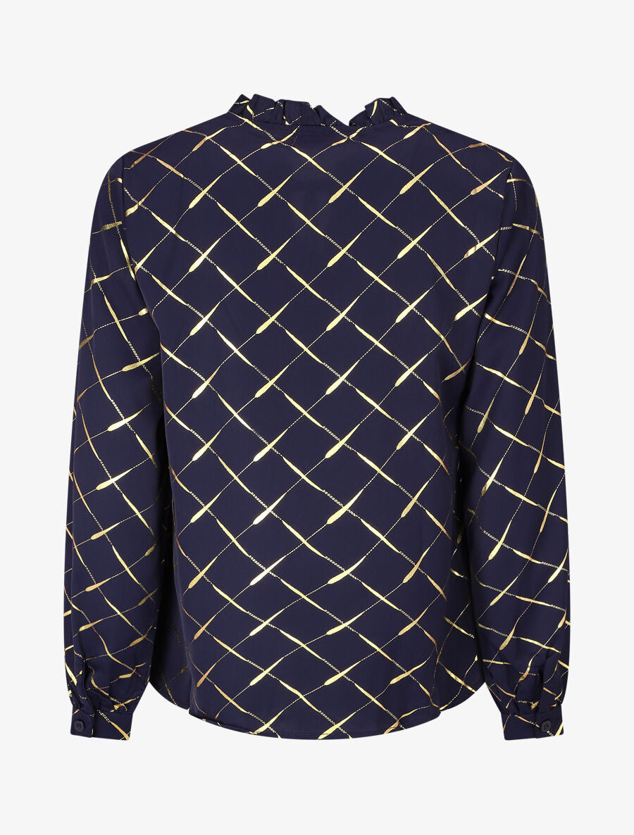 Blouse col V à imprimé dorés - Marine - 2