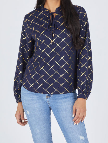 Blouse col V à imprimé dorés - Marine - 4